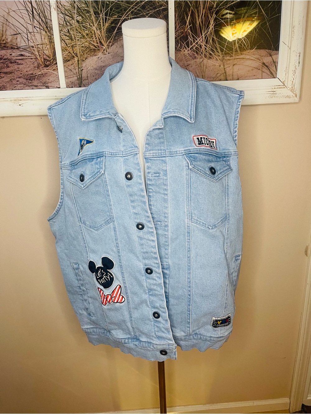 Light Blue Embroidered Denim Vest - Mickey Patch Detail